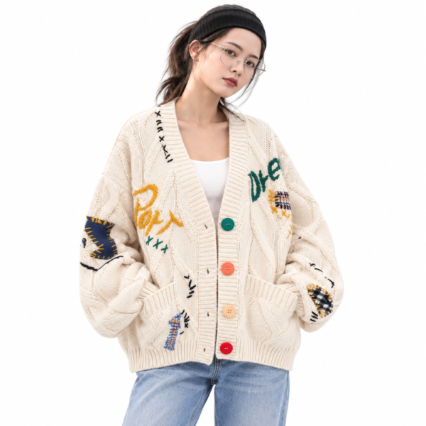 Cardigan Sweater Women Loose Fit V-Neck Knitted Jacket